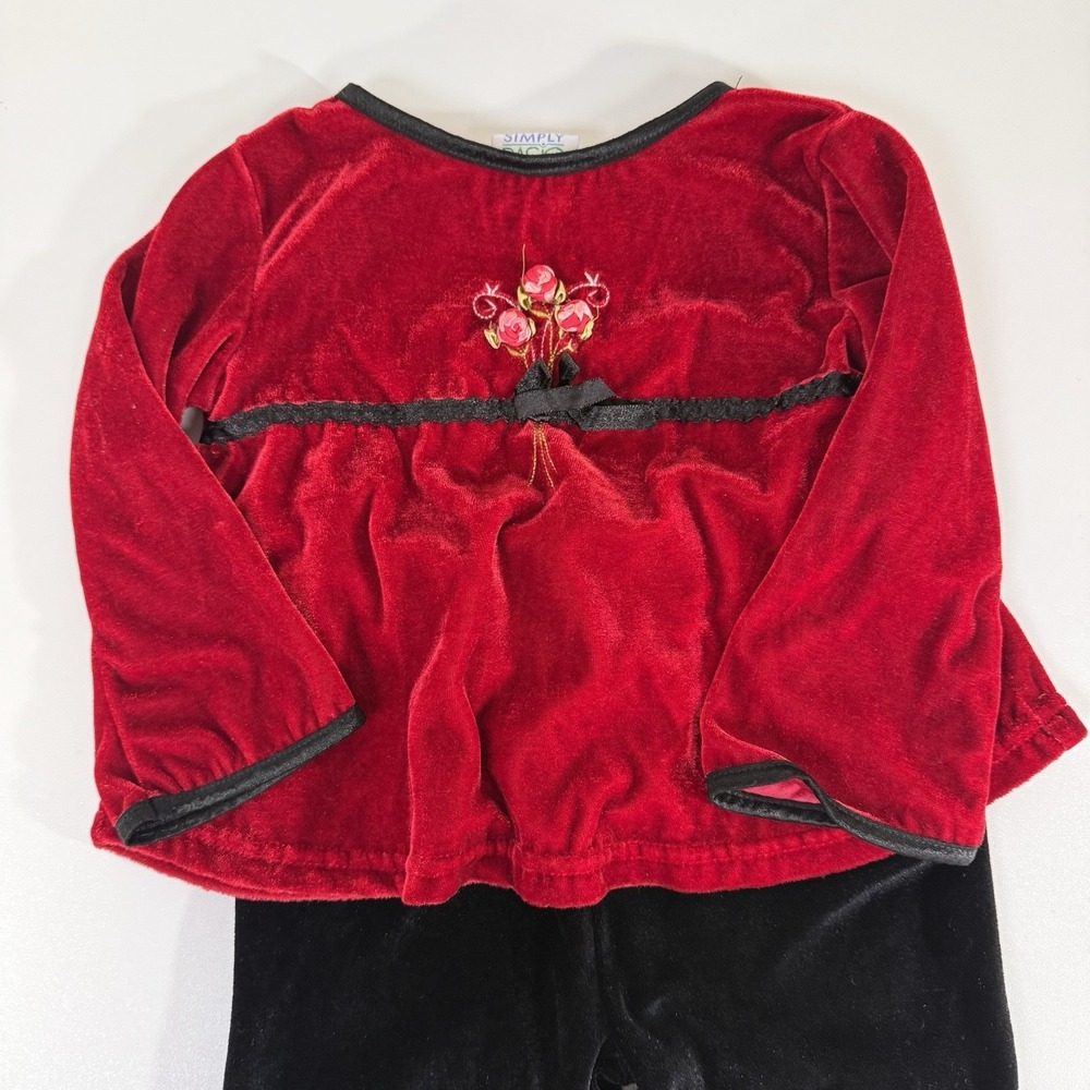 Vintage Velvet Outfit Size 3T‎ Red Top Black Pants Ribbon Rose Trim Simply Basic